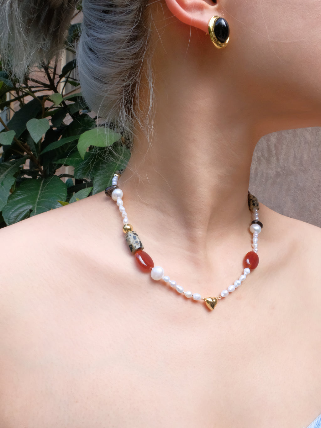 Red Agate Tea Crystal Baroque Pearl Collar Chain/Necklace