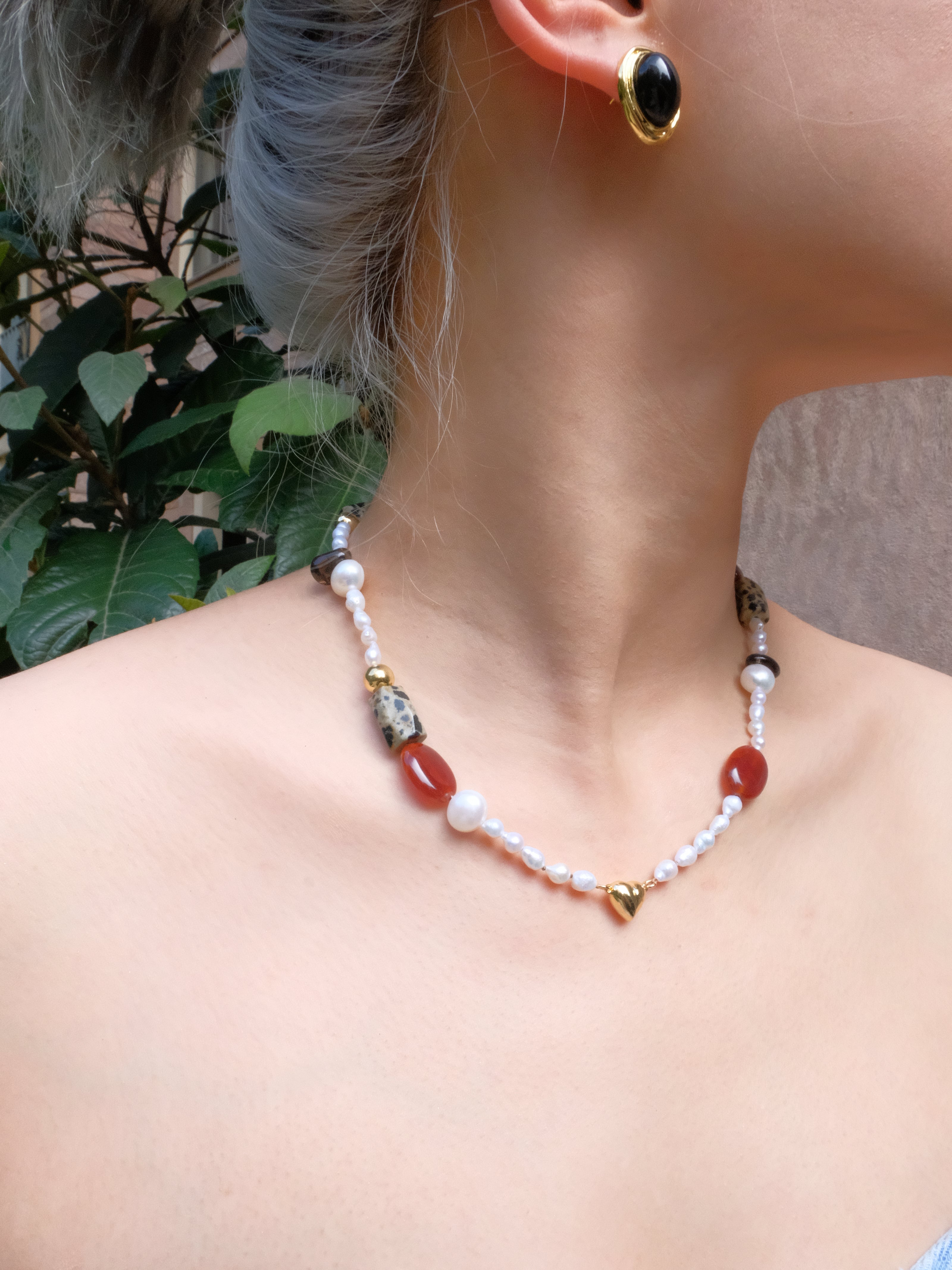 Red Agate Tea Crystal Baroque Pearl Collar Chain/Necklace