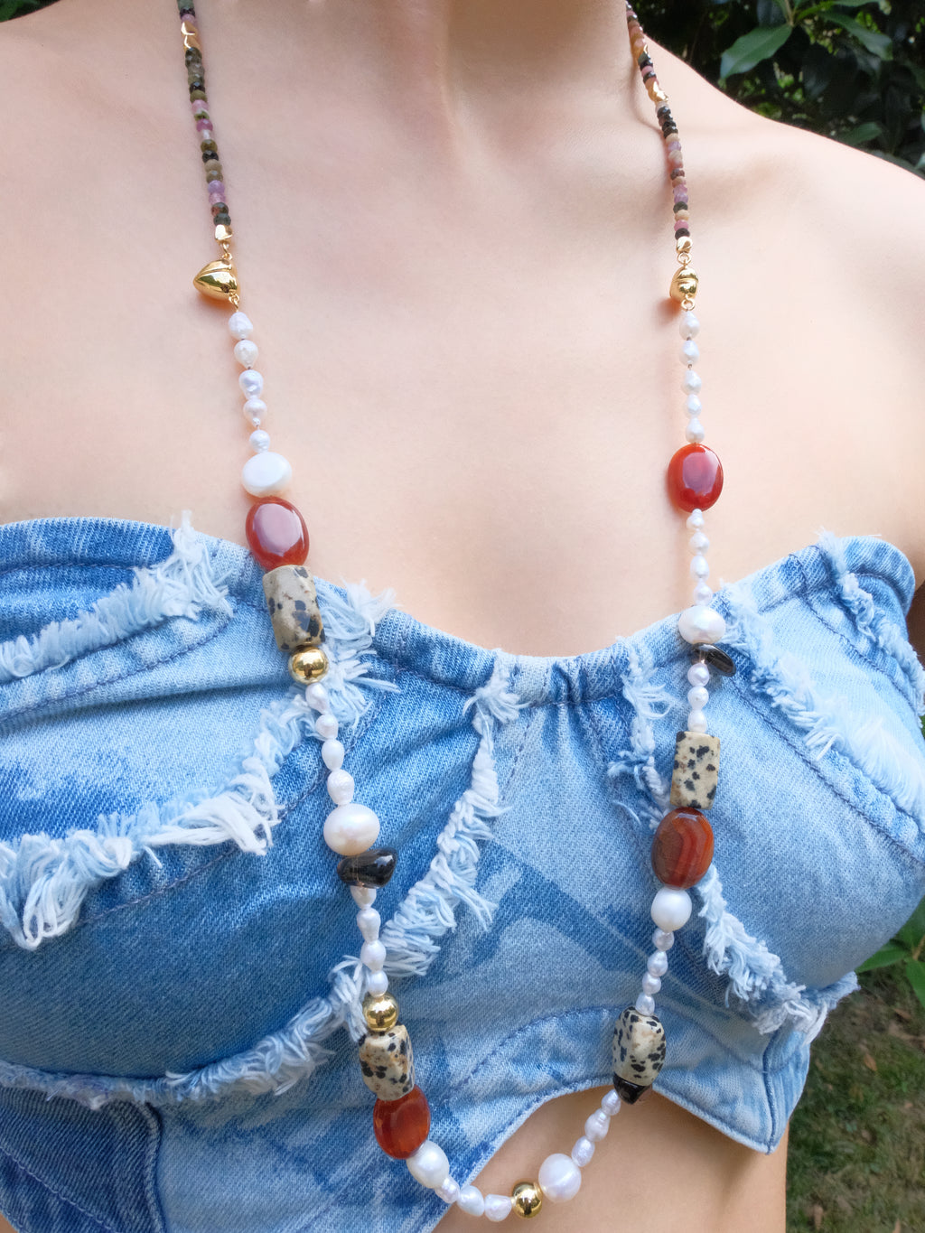 Red Agate Tea Crystal Baroque Pearl Collar Chain/Necklace